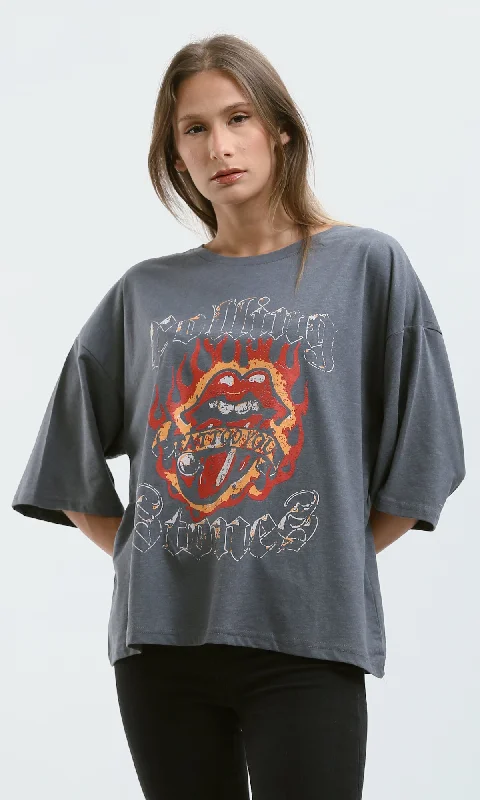 O179805 Crew Neck Printed Dark Grey Loose Tee