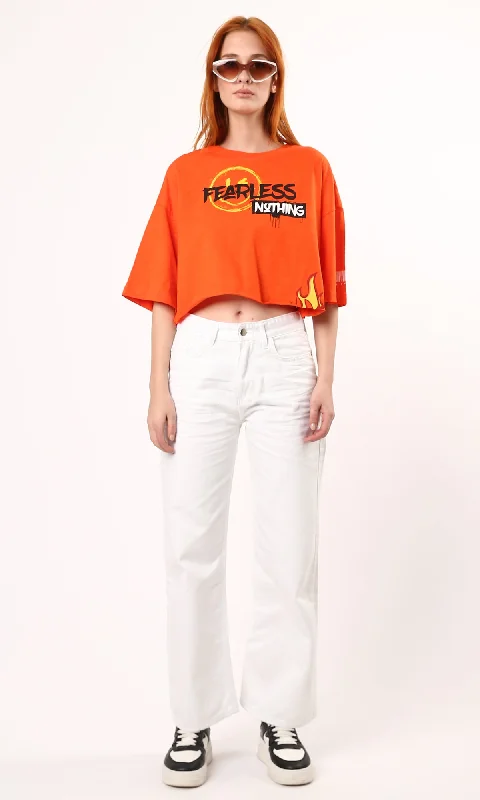 O180448 Printed "Fearless Nothing" Printed Loose Tee - Hot Orange