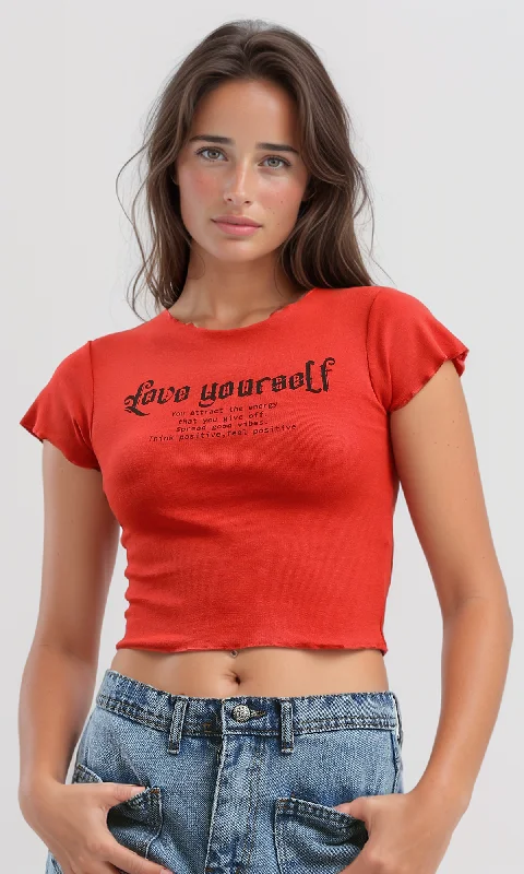 O192030 Fashionable Printed "Love Yourself" Red Tee