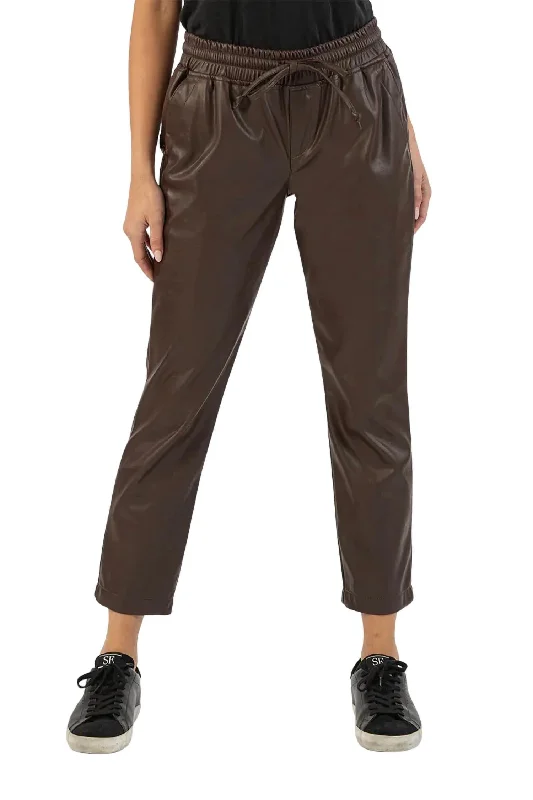 Alanna Drawstring Pleather Pant In Brown