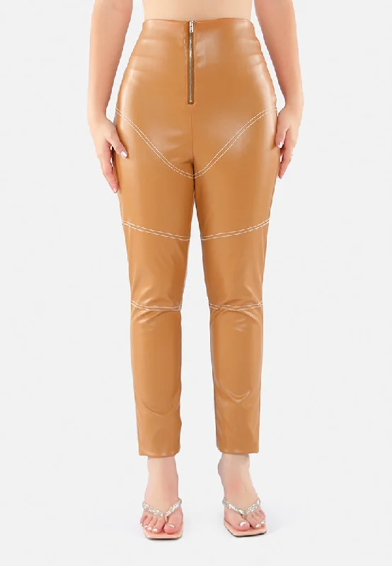 Faux Leather Contrast Stitch Pants