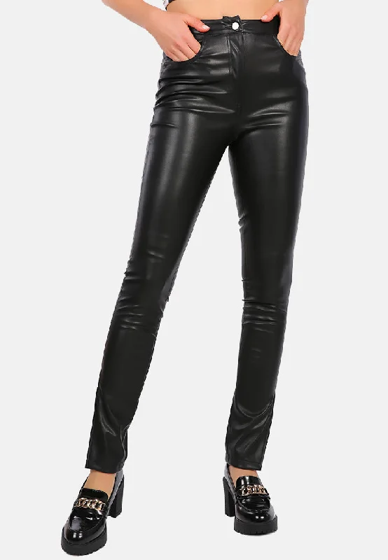 Faux Leather High Waist Split Hem Trouser