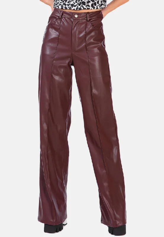 Faux Leather Seam Detail Wide Leg Trousers