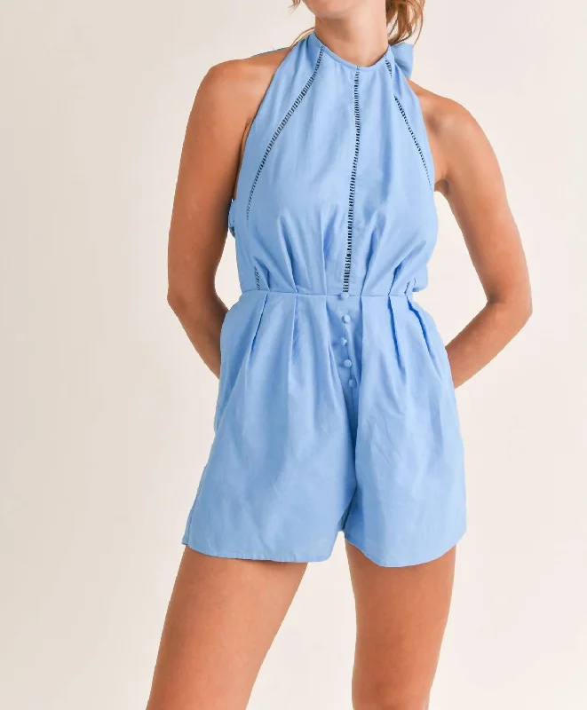 Halter Open Back Bow Romper In Blue