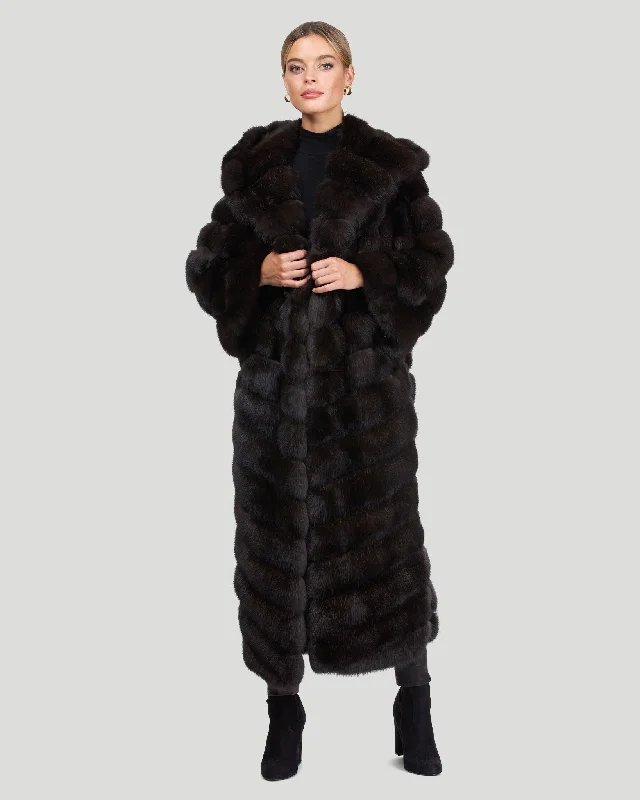 Horizontal Russian Sable Coat with Hood and Leather Belt