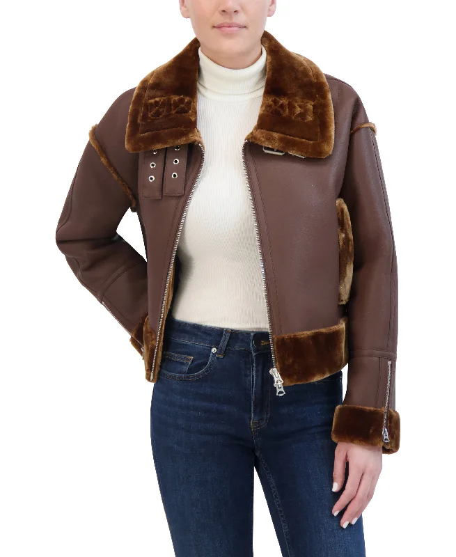 Hudson Jeans Women's Cropped Faux Leather Shearling Aviator Jacket