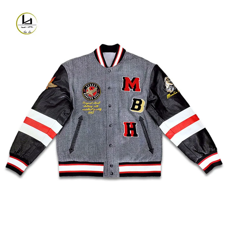 HUILI FACTORY designer streetwear applique embroidery letterman jacket with leather sleeves