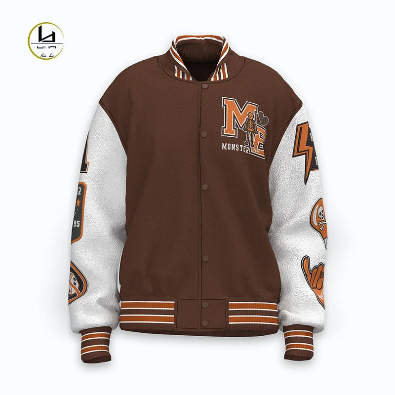 HUILI FACTORY streetwear custom leather sleeve applique embroidery varsity jacket