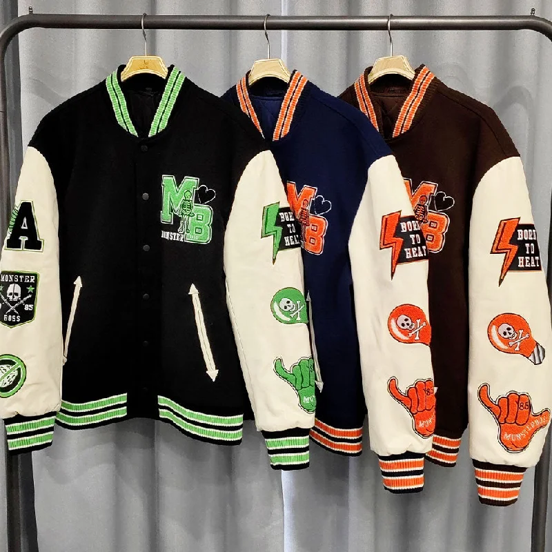 Huili factory wholesale custom logo chenille embroidery letterman varsity jacket with leather sleeves