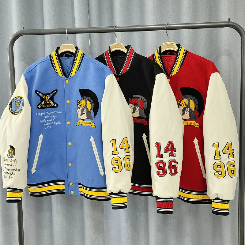 Huili factory wholesale custom logo chenille embroidery letterman varsity jacket with leather sleeves