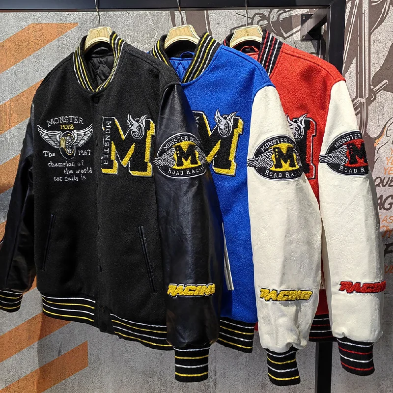 Huili factory wholesale custom logo chenille embroidery letterman varsity jacket with leather sleeves