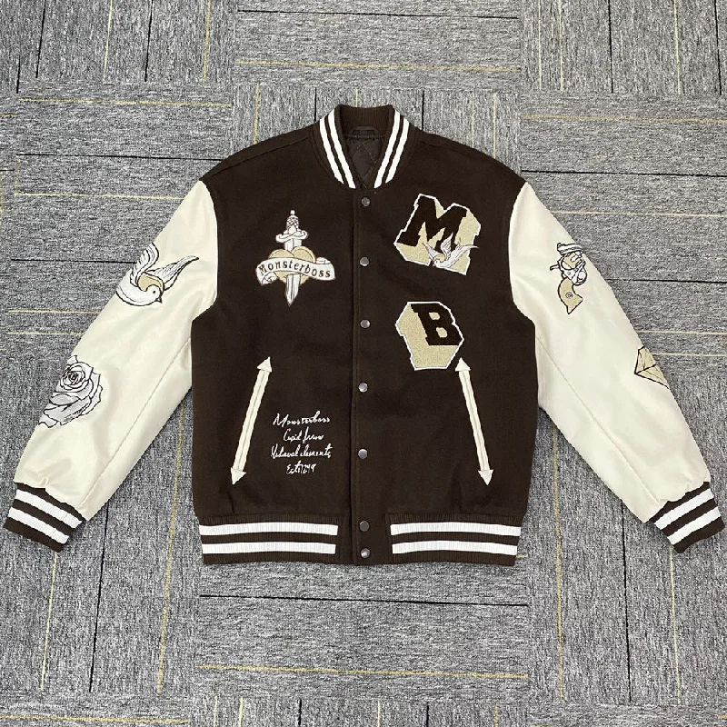 Huili factory wholesale custom logo chenille embroidery letterman varsity jacket with leather sleeves