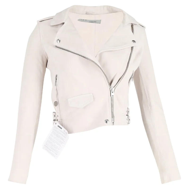 Iro Cropped Biker Jacket in Cream White Lambskin Leather