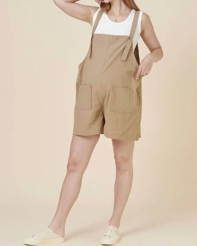 Linen Overalls Romper In Camel