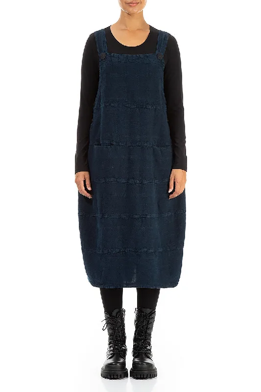 Midnight Blue Patterned Linen Dungaree Dress