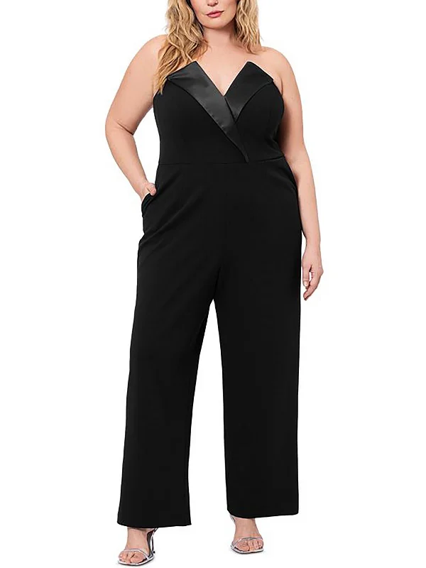 Petites Tasha Womens Satin Trim Strapless Jumpsuit