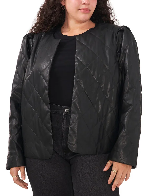 Plus Womens Faux Leather Quilted Open Front