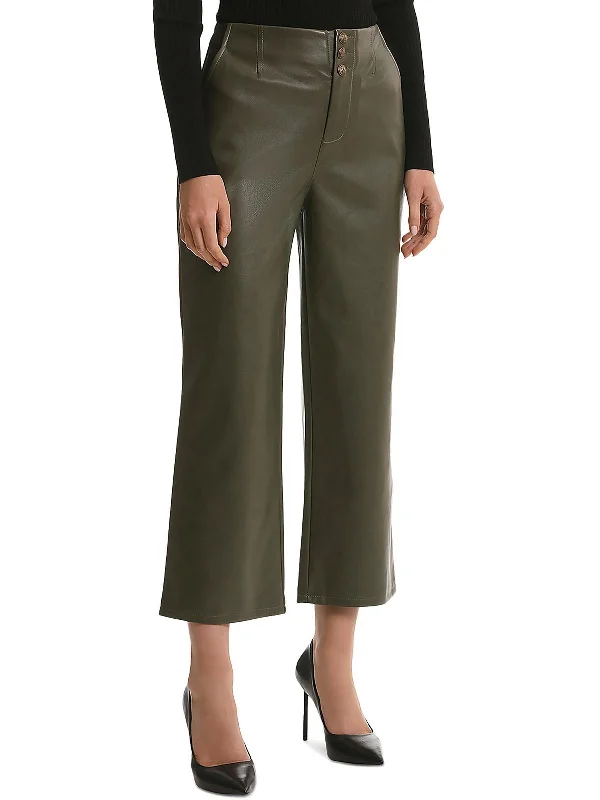 Womens Faux Leather High Rise Wide Leg Pants