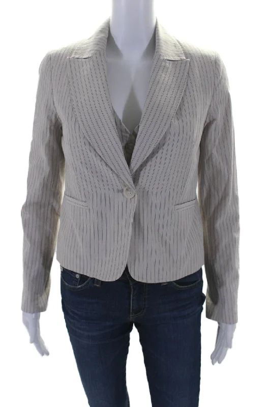 Drew Womens Cotton Striped V-Neck Button Up Vest + Blazer Set Beige